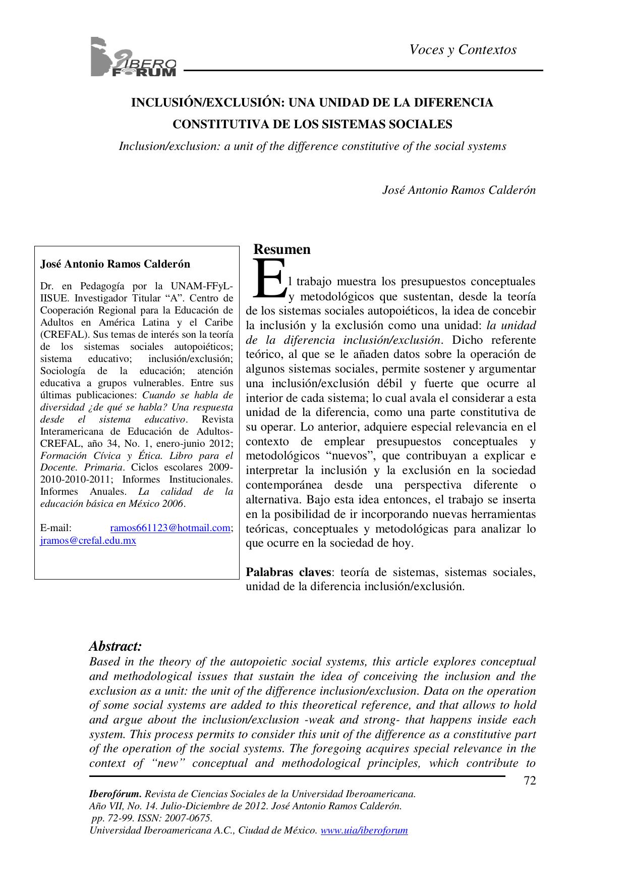 INCLUSIÓN/EXCLUSIÓN: UNA UNIDAD DE LA DIFERENCIA CONSTITUTIVA DE LOS SISTEMAS SOCIALES